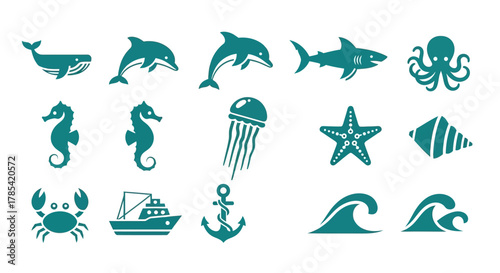 A collection of teal marine life and nautical icons. Includes creatures like whales, dolphins, sharks, jellyfish and sea horses, and marine objects