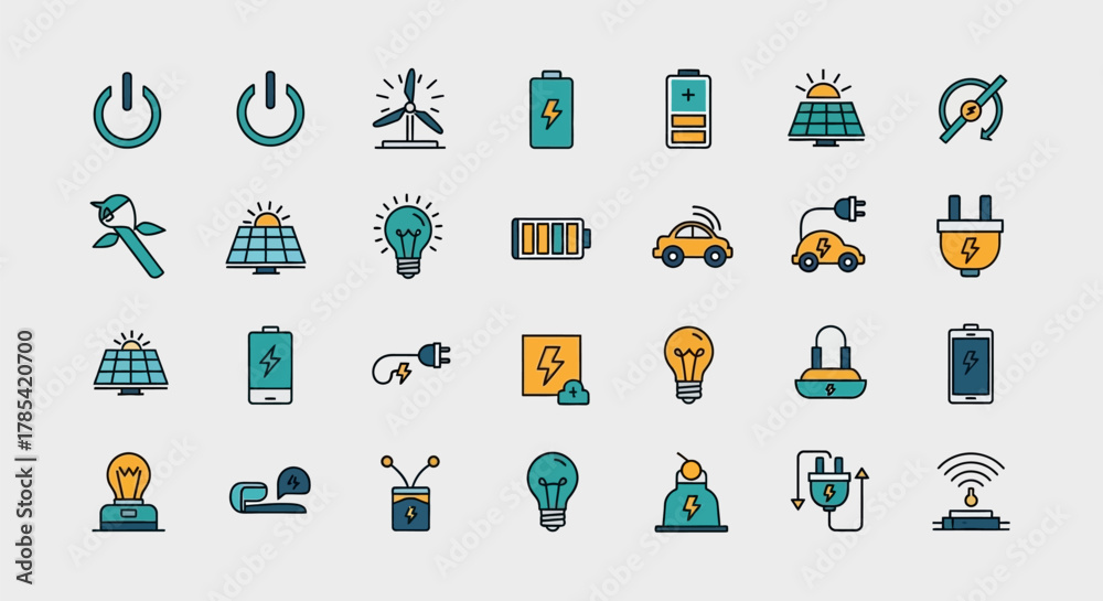 Fototapeta premium A collection of vibrant vector icons, featuring concepts of electricity, renewable energy, power, and charging. Includes solar panels, batteries, lightbulbs, wind turbines, and electric vehicles