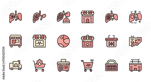 Collection of stylized, vector icons featuring pink and beige medical and commercial elements, presented with black outlines. Includes organs, buildings, carts, and a globe
