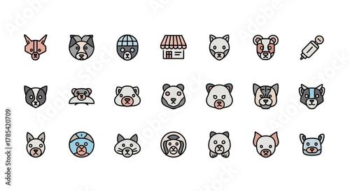 A collection of colorful, flat-style icons featuring stylized animal faces, a store, and a syringe. The animal heads include dogs, cats, bears, and pandas with varying expressions