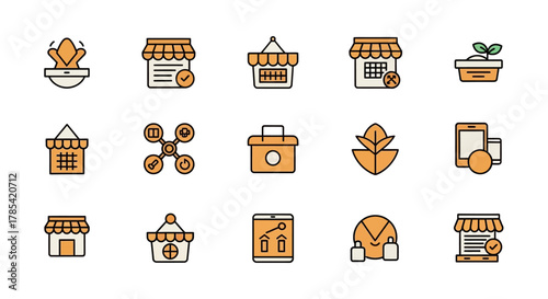 A collection of simple, stylized icons, mostly in an orange and cream color scheme. They include shop fronts, plants, drones, and digital devices