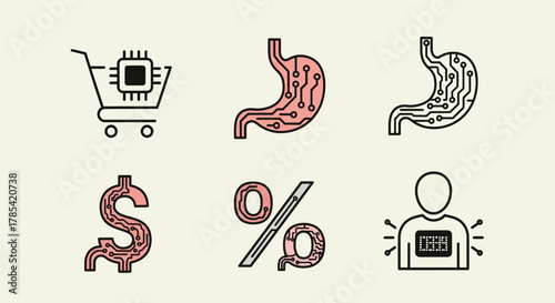 A stylized vector illustration featuring technological and biological icons with a circuit board aesthetic, including a shopping cart, stomach, dollar sign, percentage symbol, and human outline