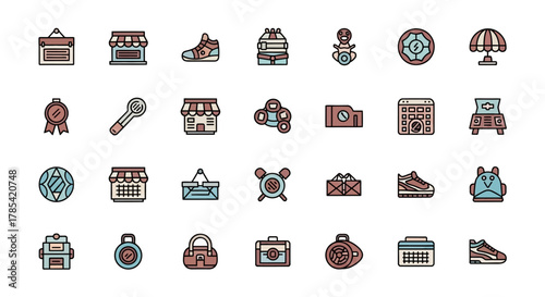 Collection of various, simple, colorful, outlined icons, featuring objects like shoes, shops, bags, a badge, tools, and a baby figure. The style is flat, with light tones and a black outline
