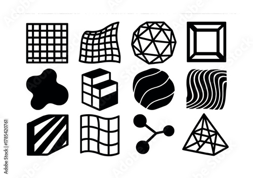 Geometric shapes collection featuring grid, sphere, cube, wave, pyramid, and more
