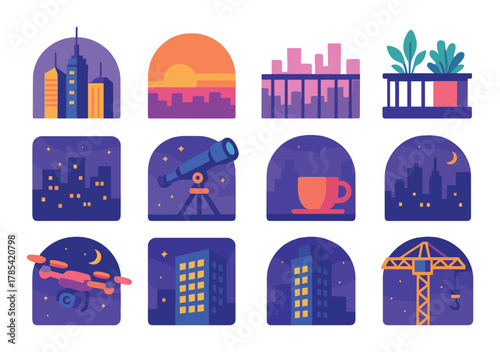 Vibrant cityscapes and nighttime icons in gradient colors