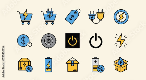 A collection of vibrant icons showcasing concepts of power, energy, and commerce, depicted with bold outlines and a minimalist style