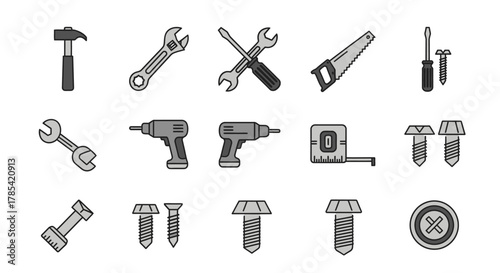 Collection of various hand tools, screws, and hardware depicted in a minimalist, grayscale style on a white background. Designed for construction or DIY themes