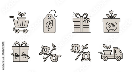 Set of eco-friendly graphic icons with plants, shopping cart, tag, gift box, percentage sign, and delivery truck in a minimalist style