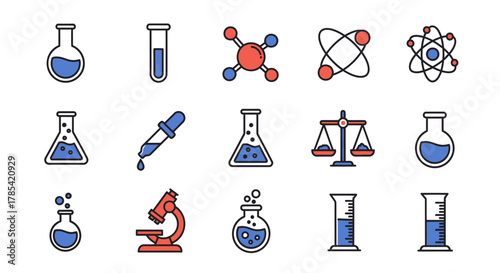 A collection of colorful, flat-style science icons featuring various lab equipment, atomic structures, and measurement tools. Blue liquid contrasts with red accents. Outlines are black