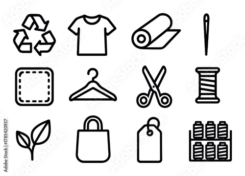 Sustainable fashion icons: recycling, textile, sewing, and eco-friendly symbols