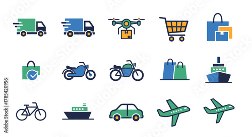 A set of colorful flat icons showcasing delivery and transportation concepts. Depicted are trucks, a drone, shopping cart, bags, motorcycles, bicycles, ships, cars, and airplanes