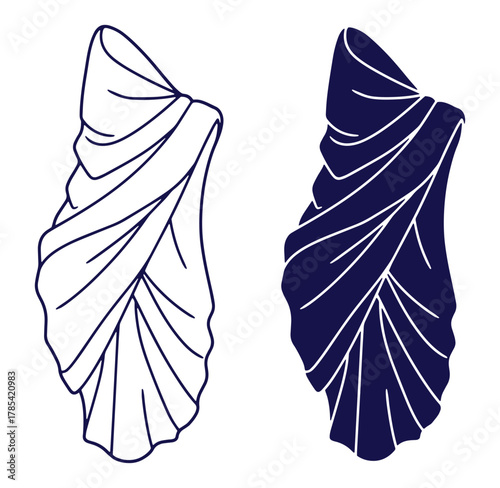 Elegant abstract illustration of a draped garment with two color variations on a white background.