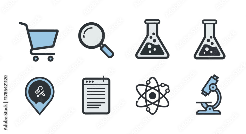 Obraz premium Collection of eight minimalist illustrations featuring a shopping cart, magnifying glass, beakers, location pin, notepad, atomic structure, and a microscope