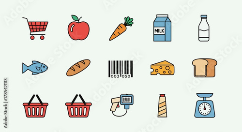 A collection of vibrant vector illustrations depicting grocery items shopping cart, apple, carrot, milk, fish, bread, barcode, cheese, basket, scanner, cheese grater, scale