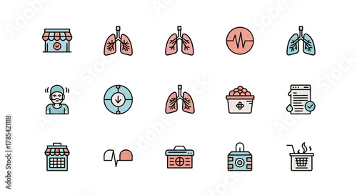 A collection of simplified medical icons including lungs, a heartbeat, a doctor, a pharmacy, and other related symbols
