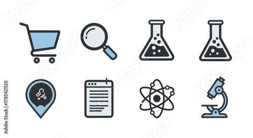 Collection of eight minimalist illustrations featuring a shopping cart, magnifying glass, beakers, location pin, notepad, atomic structure, and a microscope