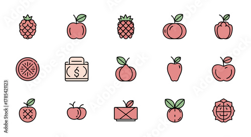 A collection of simple, flat-style vector icons featuring various fruits, plus a briefcase icon. Designs use a muted color palette