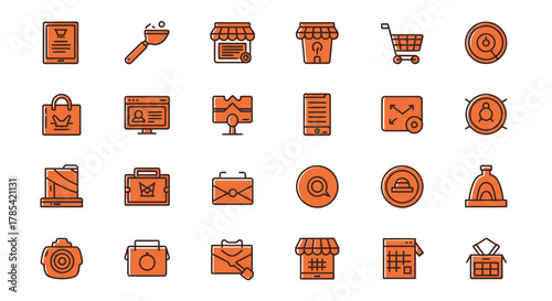 A collection of vibrant orange icons, featuring various objects and symbols like a shopping cart, shop fronts, and digital devices. They represent a range of business and technology-related concepts