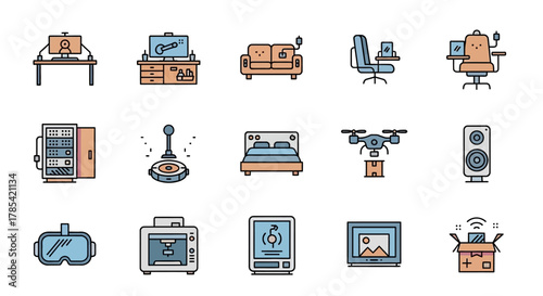A collection of tech-related icons including a computer setup, TV, sofa, chair, server, robot vacuum, bed, drone, speaker, VR, 3D printer, tablet, screen, and a box with signal