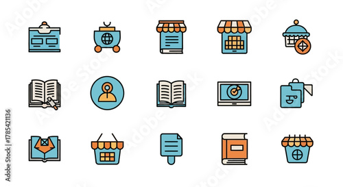 Colorful icons depicting a variety of elements, including websites, shopping carts, books, store fronts, and document files. The set of icons seems designed for digital interface and/or web use