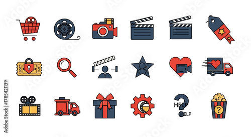 A set of vibrant, stylized icons related to the film industry, including cameras, tickets, clapperboards, and popcorn, all with a flat design