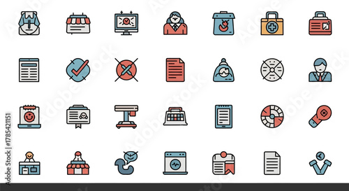 A collection of 28 colorful vector icons with a simple, outlined style on a dark gray background. Themes include office, business, communication, medical,  and retail