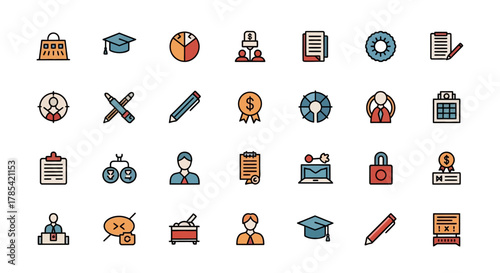 A collection of 28 colorful, outlined icons, featuring various symbols, including shopping bags, diplomas, pie charts, people, documents, pie charts, and more. These are likely for a presentation