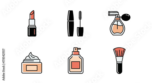 A collection of six stylized beauty product illustrations, including lipstick, mascara, perfume, cream, lotion, and a makeup brush, presented on a white background