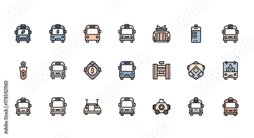 An icon set featuring diverse depictions of public transit vehicles alongside icons of a cash bag, ID card, and a money icon, with colorful outlines