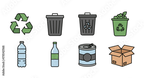 Flat illustrations of recycling symbols, containers, and items. Includes recycle logo, bins, bottles, and other recyclables, conveying a simple ecological theme