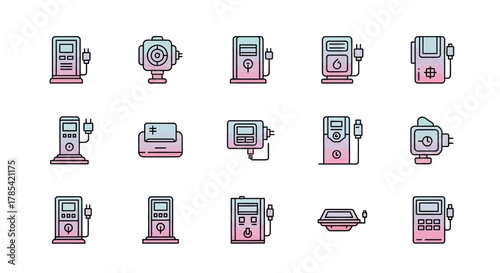 A collection of fifteen gradient-colored, outlined illustrations of electric charging stations and similar technological devices. These devices feature plugs, displays, and varying designs