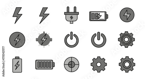 A collection of simple, grayscale icons. Features lightning bolts, plugs, batteries, power buttons, gears, and a target icon, all with thick outlines, creating a modern, graphic design aesthetic