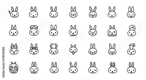 A grid of 27 cartoon rabbit faces with varied expressions and accessories like bows, hats, and a single antler. Outlines are black, ears have color