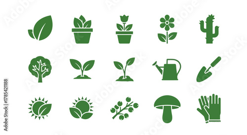 A collection of green vector graphics featuring plant life and gardening tools. Includes leaves, potted plants, flowers, trees, seedlings, a watering can, a trowel, berries, a mushroom, and gloves