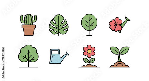 Vector icons of plants and gardening tools. Included are a cactus in a pot, monstera leaf, trees, flowers, a watering can, and a sprouting plant. All elements are flat, with black outlines