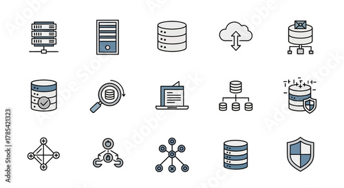 A collection of simple, flat-style illustrations of database and network icons, using a limited color palette of blue, gray, and black.  Each represents a technology concept