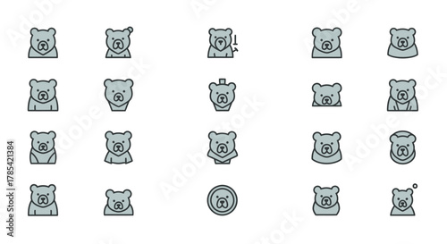 An assortment of stylized bear head icons in various poses and styles. Each features a light gray body with black outlines. Expressions range from simple to slightly modified