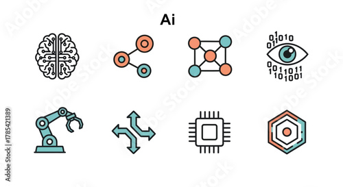 A set of colorful flat icons with an "Ai" text, including a brain, network nodes, an eye with binary code, robotic arm, a CPU, and an abstract shape