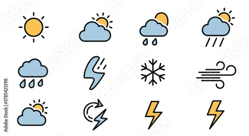 Vector illustrations depict various weather conditions, including sunny, cloudy, rainy, snowy, windy, and stormy scenarios. Each icon showcases a distinct weather element