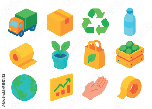 Colorful icons: eco-friendly transport, recycling, sustainability, and global awareness