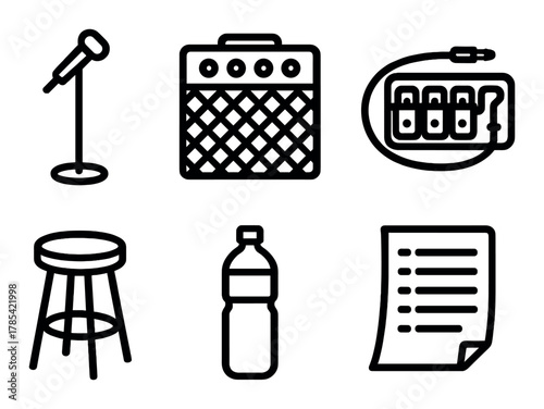 Music performance essentials: microphone, amplifier, cable, stool, water, notes