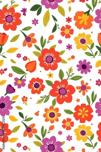 Vibrant retro floral pattern with whimsical flowers and leaves