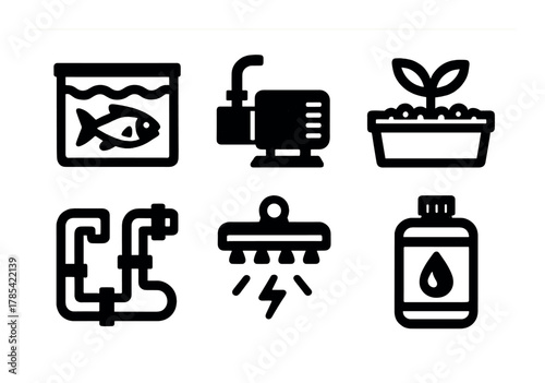 Aquaponics system icons: fish tank, water pump, plant pot, pipes, lighting, nutrient bottle