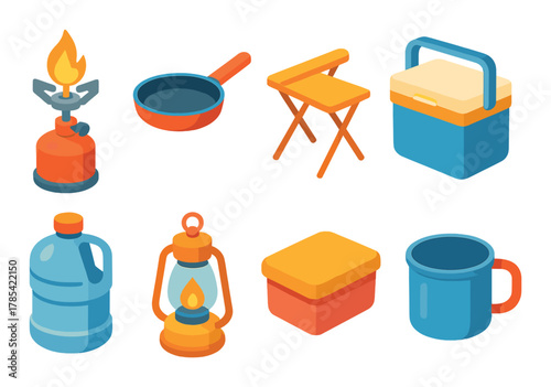Isometric camping equipment set with stove, lantern, pan, chair, and cooler