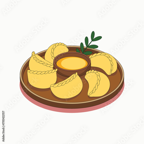 Yellow empanadas with dipping sauce and green garnish on a brown platter food pastry vector illustration.