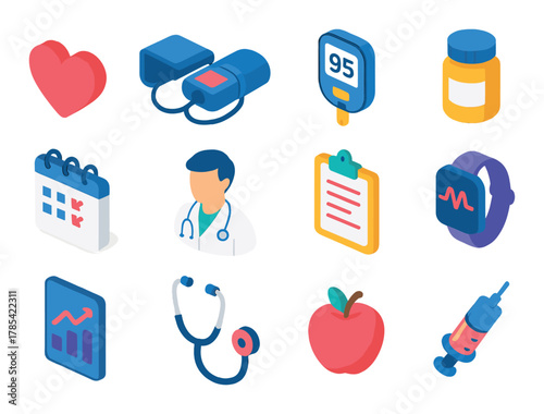 Healthcare icons: heart, doctor, medicine, equipment, apple, chart, calendar