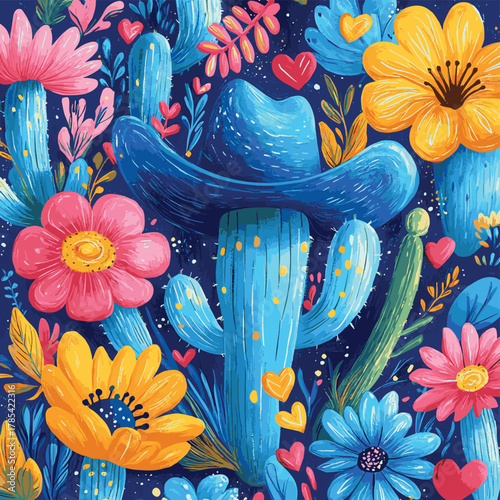 Vibrant Blue Hat Symphony Lush Desert Floral Fiesta with Gold Accents, Surreal Cactus Blooms, and Painted Hearts in Cheerful Celebration   , vector style simple color