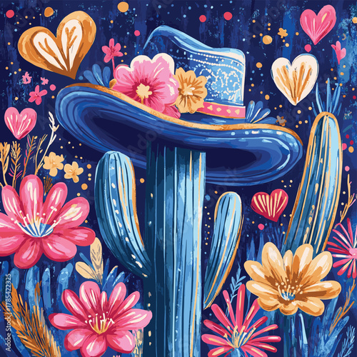 Vibrant Blue Hat Symphony Lush Desert Floral Fiesta with Gold Accents, Surreal Cactus Blooms, and Painted Hearts in Cheerful Celebration   , vector style simple color