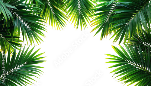 Palm leaves framing blank black space, bright sunny greens