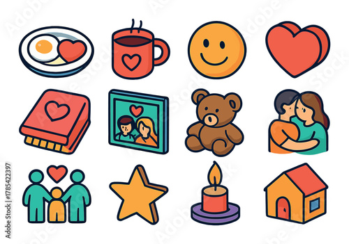 Colorful love and family icons collection featuring food, smiles, and embraces